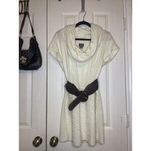 XL Dots Ivory Cowl Neck Sweater Dress – Short Sleeve Knit Belted Y2K Vibe